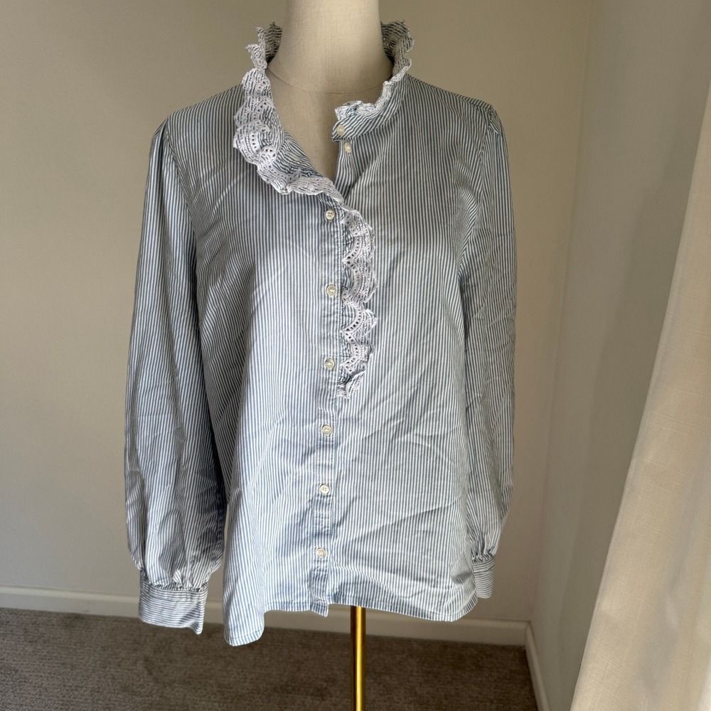 Sezane Chlo Blue Striped Ruffle Eyelet Lace Top French Parisian Victorian XL 46
